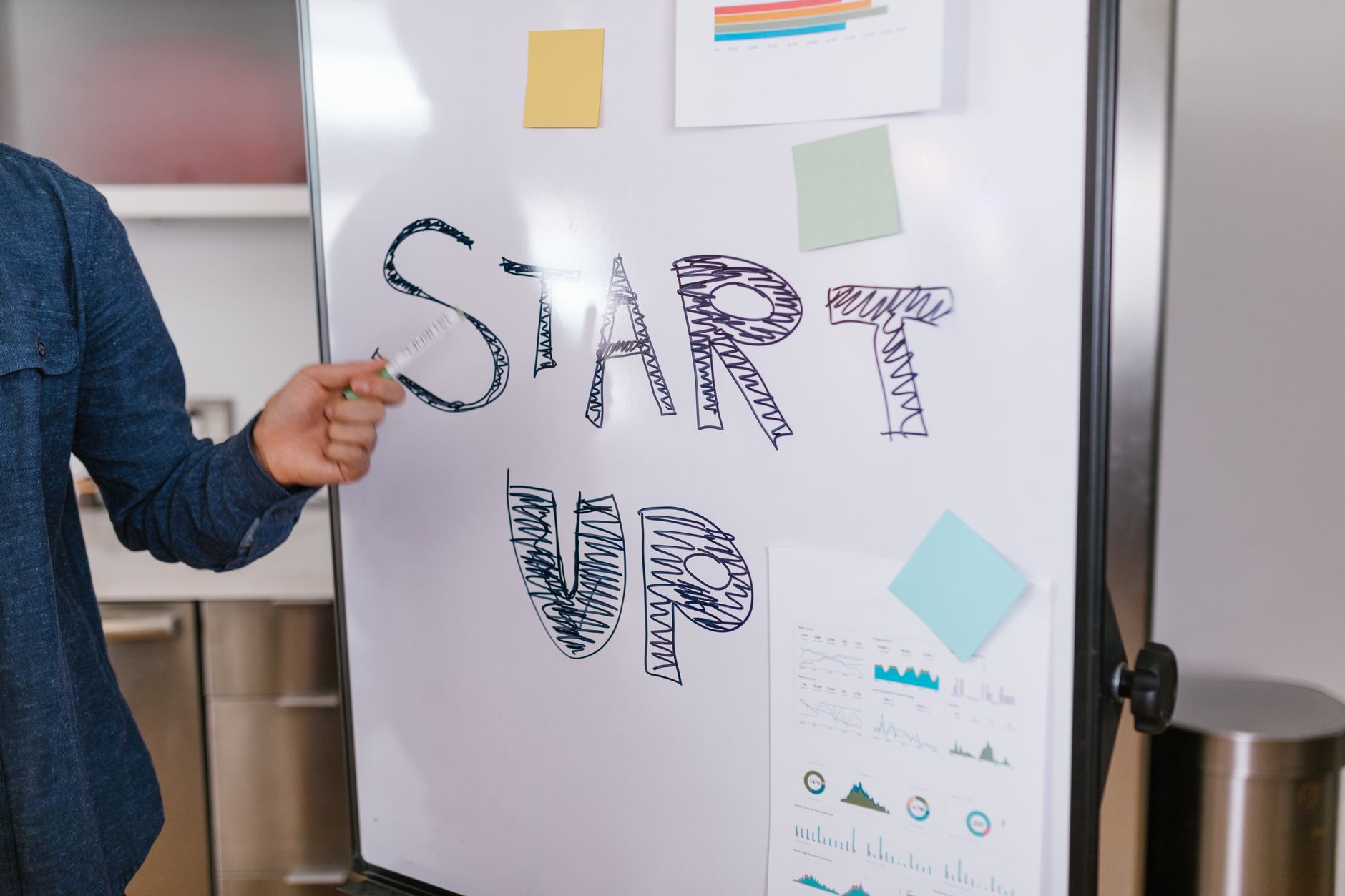 Founder presenting a startup idea on a whiteboard to a small team